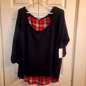 NWT Bongo Plus black knit sweater with tulip back and peekaboo plaid, sz 2X